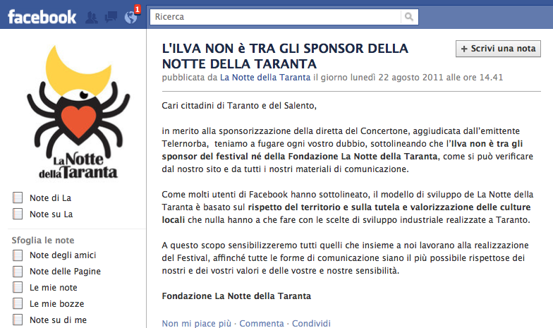 Sulla questione spot Telenorba/Ilva di Taranto interviene con una nota su Facebook la Fondazione La Notte della Taranta Sulla questione spot Telenorba/Ilva di Taranto interviene con una nota su Facebo