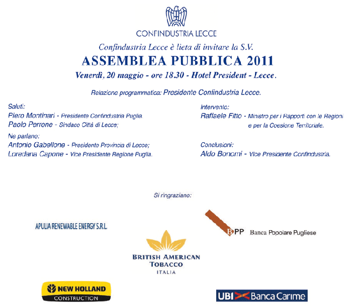 Confidustria Lecce- Assemblea pubblica 2011: oggi l'incontro. Ci saranno anche F