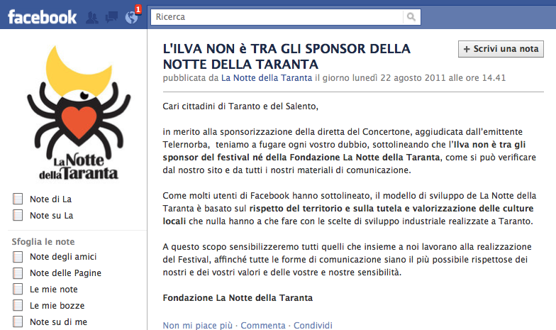 Sulla questione spot Telenorba/Ilva di Taranto interviene con una nota su Facebo